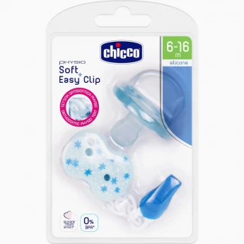 Пустышка CHICCO PHYSIO SOFT + прищепка, силикон, 6-16м, голубая